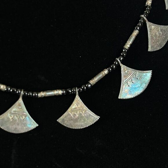 Niger Tuareg Hand Engraved Silver Drop and Black Seed Bead 18” African Necklace - Picture 3 of 5